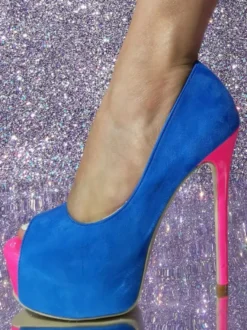 Escarpins à plateforme en daim bleu bout rond talons hauts sexy
