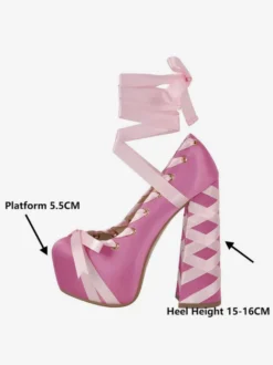 Escarpins à plateforme en satin bout rond lacets talon épais