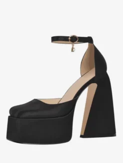 Escarpins à plateforme en satin pour femmes bout carré talon géométrique bride à la cheville