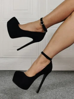 Escarpins à plateforme noirs pour femmes à bout rond et bride à la cheville