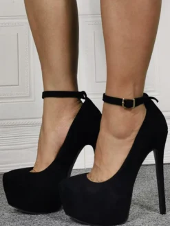 Escarpins à plateforme noirs pour femmes à bout rond et bride à la cheville