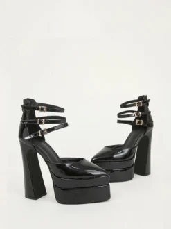 Escarpins à plateforme pour femmes Rouge Bout pointu Fermeture à boucle Bride à la cheville Talons hauts bloc