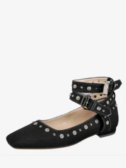 Escarpins plats à clous pour femmes ballerines à bout pointu et bride à la cheville