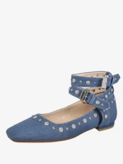 Escarpins plats à clous pour femmes ballerines à bout pointu et bride à la cheville