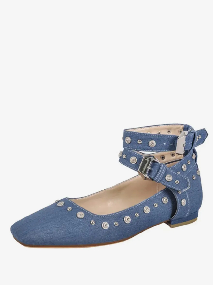 Escarpins plats à clous pour femmes ballerines à bout pointu et bride à la cheville