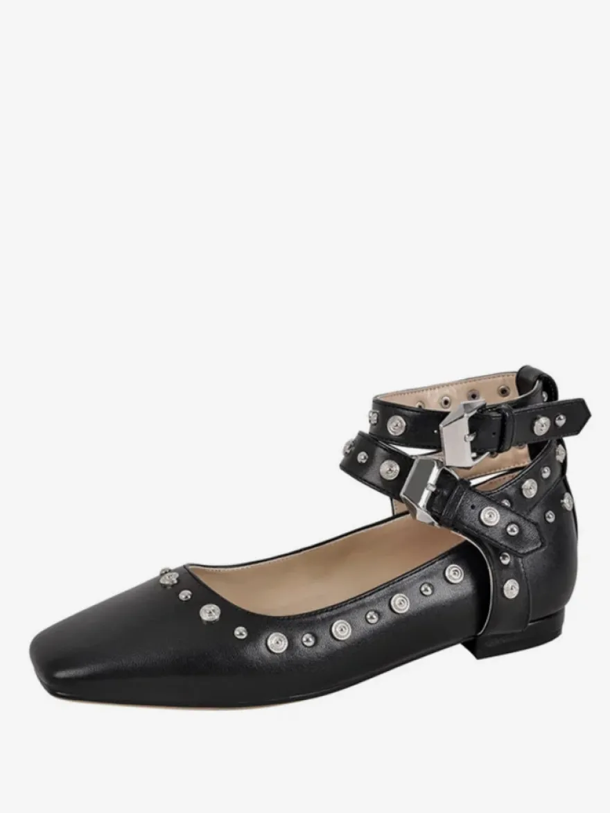 Escarpins plats à clous pour femmes ballerines à bout pointu et bride à la cheville