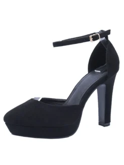 Escarpins pour femmes avec bride à la cheville bout en amande talon épais talons noirs chics avec bride à la cheville