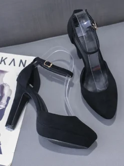 Escarpins pour femmes avec bride à la cheville bout en amande talon épais talons noirs chics avec bride à la cheville