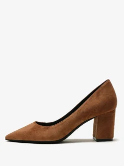 Escarpins à talons blocs en daim marron à bout pointu et talons à enfiler