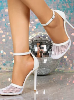 Escarpins à talons hauts en résille pour femmes bout carré bride cheville