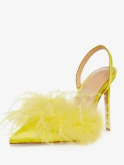Escarpins à talons hauts en satin et fausses plumes à bout pointu pour femmes
