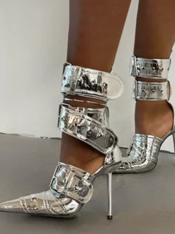 Escarpins à talons hauts et bout pointu avec bride boucle à la cheville pour femmes
