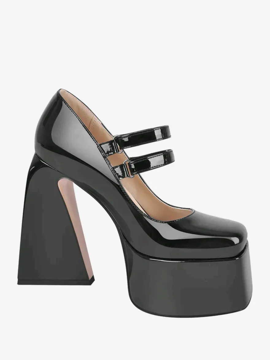Escarpins à talons hauts femmes chaussures à boucle chics bout carré talon épais cuir PU