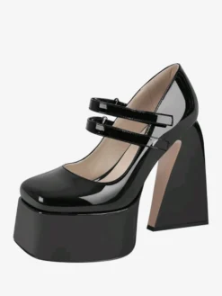 Escarpins à talons hauts femmes chaussures à boucle chics bout carré talon épais cuir PU