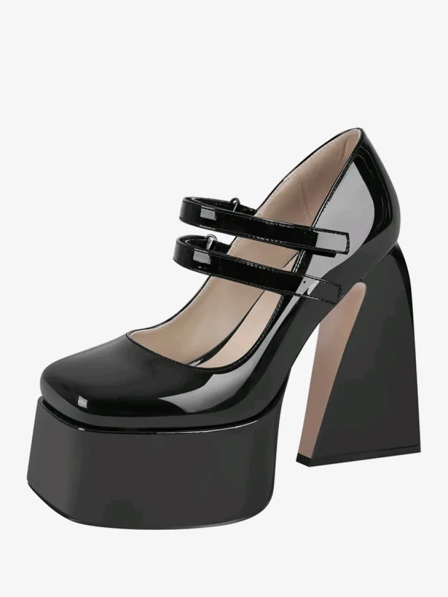 Escarpins à talons hauts femmes chaussures à boucle chics bout carré talon épais cuir PU