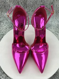Escarpins à talons hauts métallisés à bout pointu et bride cheville chaussures de soirée