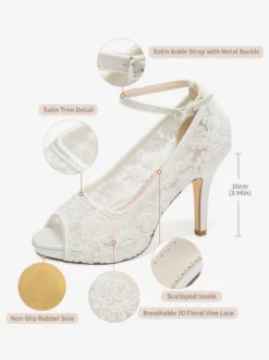 Escarpins à talons hauts ornés de dentelle bout ouvert et bride cheville pour mariage