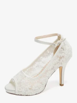 Escarpins à talons hauts ornés de dentelle bout ouvert et bride cheville pour mariage