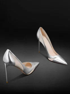 Escarpins à talons hauts pour femmes en maille argentée patchwork bout pointu. Chaussures habillées.