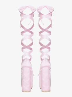 Escarpins à talons hauts roses à plateforme et bout rond avec nœud Lolita et lacets