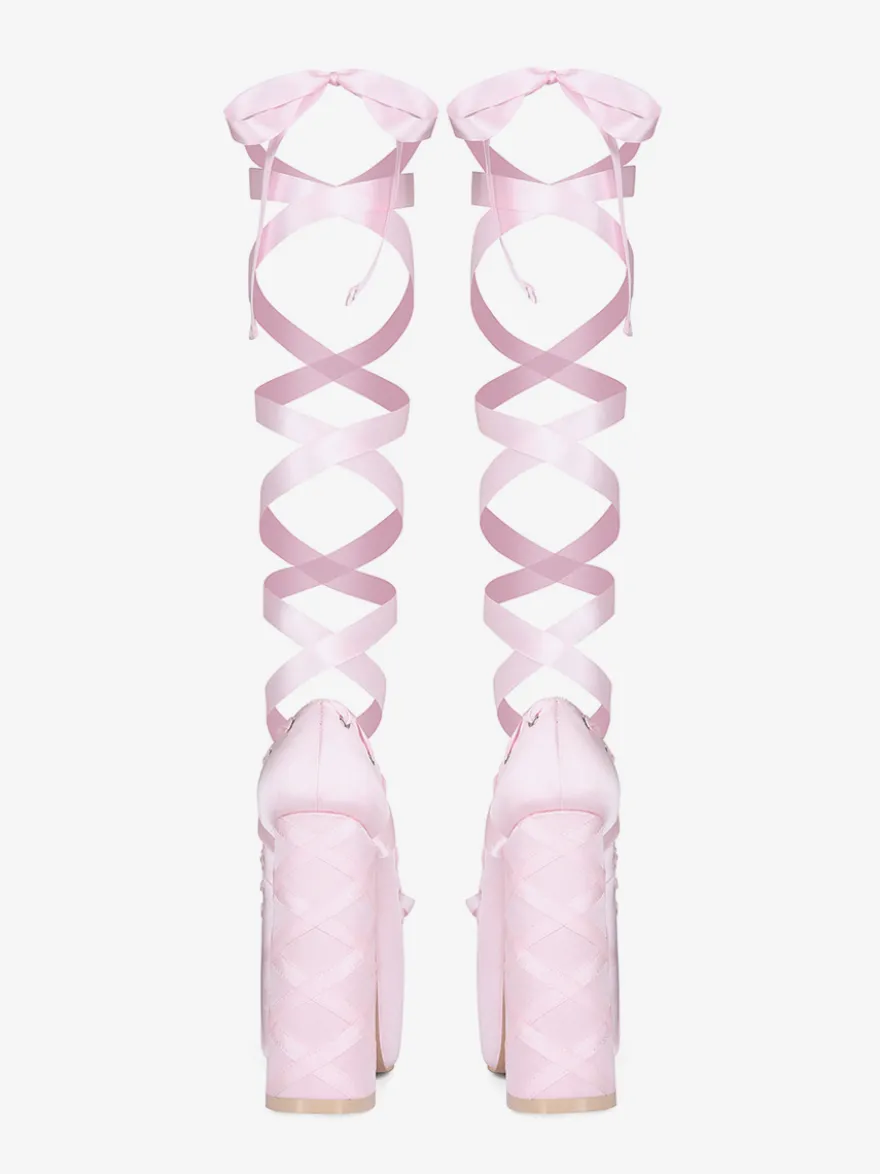 Escarpins à talons hauts roses à plateforme et bout rond avec nœud Lolita et lacets
