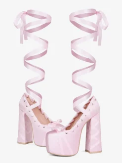 Escarpins à talons hauts roses à plateforme et bout rond avec nœud Lolita et lacets