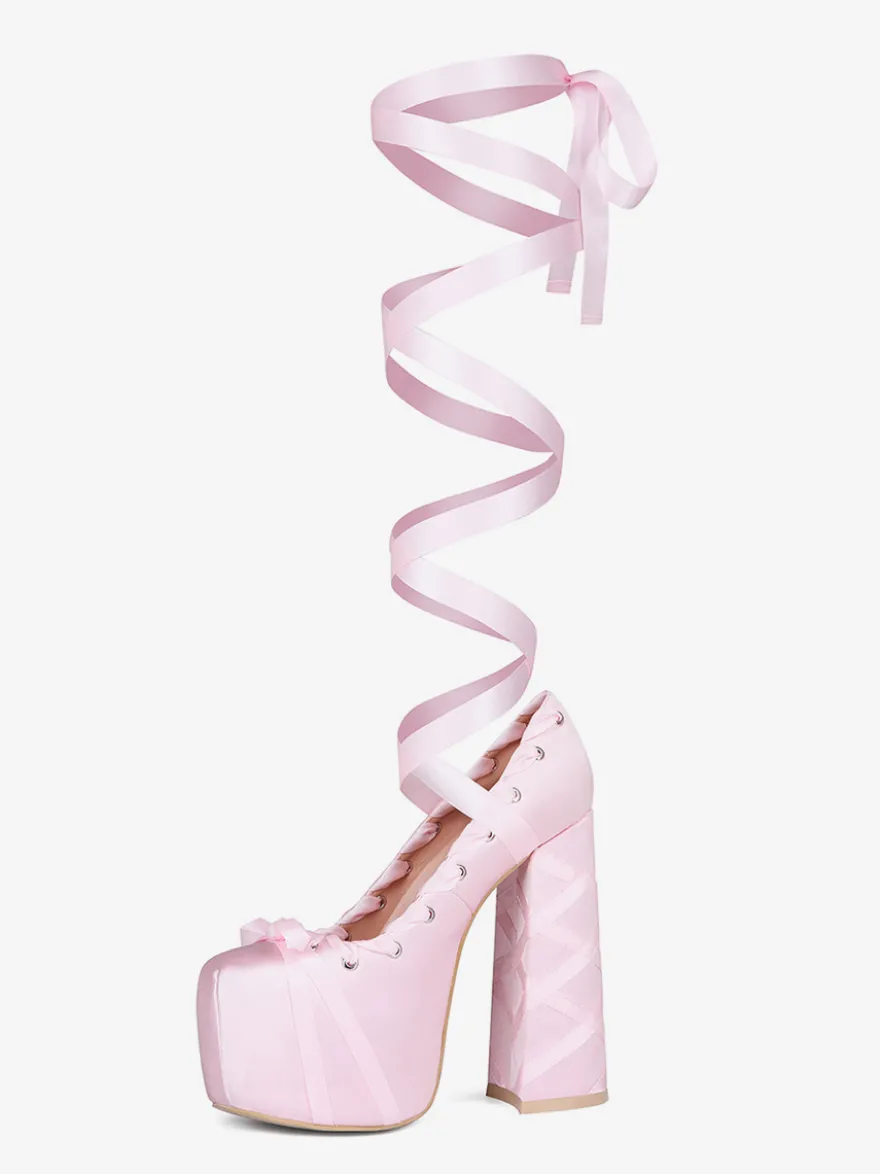 Escarpins à talons hauts roses à plateforme et bout rond avec nœud Lolita et lacets