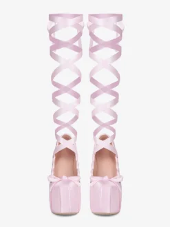 Escarpins à talons hauts roses à plateforme et bout rond avec nœud Lolita et lacets
