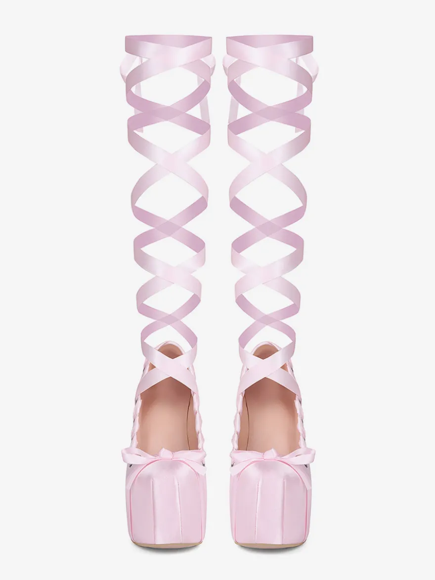 Escarpins à talons hauts roses à plateforme et bout rond avec nœud Lolita et lacets