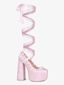 Escarpins à talons hauts roses à plateforme et bout rond avec nœud Lolita et lacets