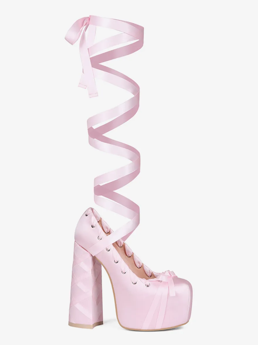 Escarpins à talons hauts roses à plateforme et bout rond avec nœud Lolita et lacets