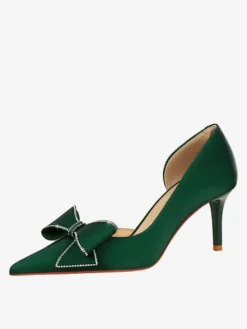 Escarpins Verts Femmes Nœud Talons Hauts Élégants Bout Pointu Talon Aiguille Soie Et Satin