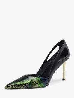 Escarpins verts à talons hauts bout pointu découpes à enfiler