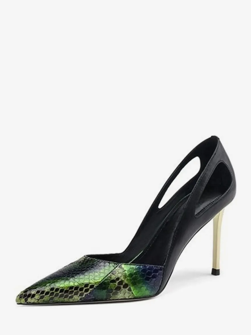 Escarpins verts à talons hauts bout pointu découpes à enfiler