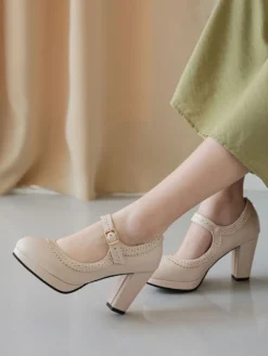escarpins vintage femme ivoire en PU talon épais boucle réglable