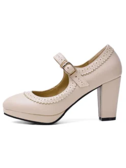 escarpins vintage femme ivoire en PU talon épais boucle réglable