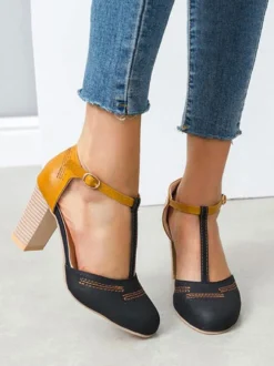 Escarpins vintage femme talon épais boucle réglable
