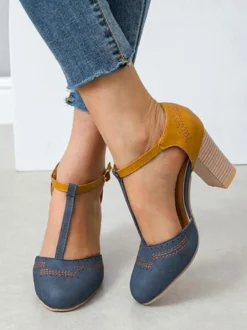 Escarpins vintage femme talon épais boucle réglable