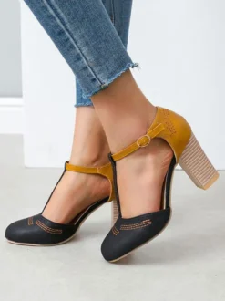Escarpins vintage femme talon épais boucle réglable