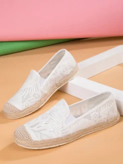 Espadrilles en dentelle pour femmes mocassins à enfiler à bout rond blancs