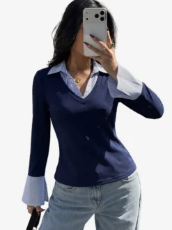 Faux polo deux pièces pour femme col V manches longues rayées poignets évasés coupe ajustée chemisier décontracté