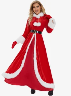 Femme Robe de Noël Rouge Gants en Fibre de Polyester Robe Ceinture Polyester Bicolore Costumes de vacances de Noël