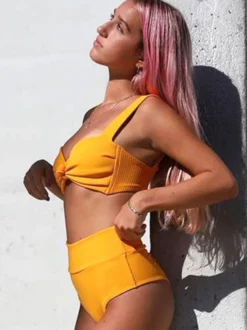 Femmes deux pièces maillots de bain jaune bretelles nouées cou taille surélevée été Sexy maillots de bain
