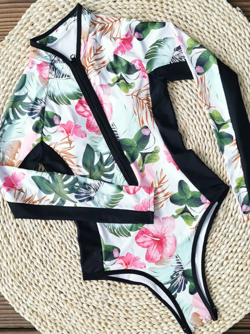 Femmes Maillots De Bain Une Pièce Rayures Blanches Glissière Col Haut Couches Été Sexy Manches Longues