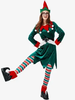 Femmes Noël Ensemble Noël Elfe Vert Foncé Costume de Vacances Déguisements Cadeau Noël