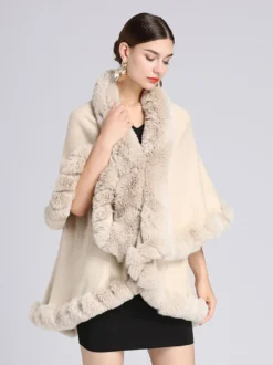 Femmes Poncho Col En Fausse Fourrure Cape Printemps Vêtements D'extérieur