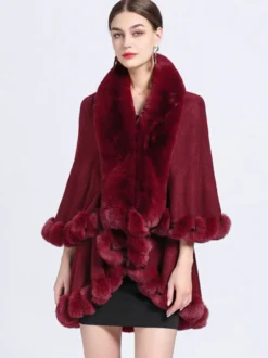 Femmes Poncho Col En Fausse Fourrure Cape Printemps Vêtements D'extérieur