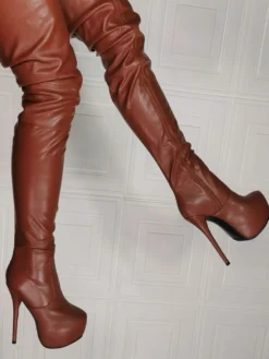 Femmes Sur Le Genou Plus La Taille Bottes À Talons Aiguilles En Cuir PU Rose Cuissardes Bottes