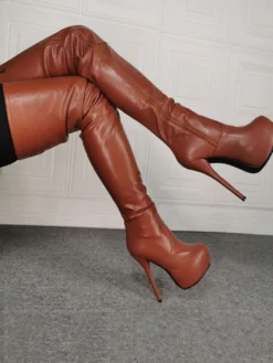 Femmes Sur Le Genou Plus La Taille Bottes À Talons Aiguilles En Cuir PU Rose Cuissardes Bottes