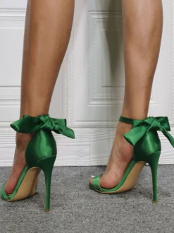 Femmes Vert Satin Bride À La Cheville Nœud Talons Talon Aiguille Sandales De Soirée Chaussures De Bal